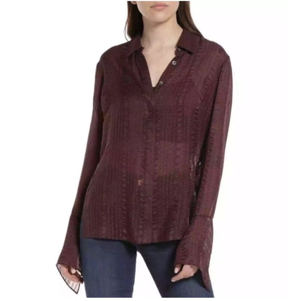 Frame Women's Bell Sleeve Silk Button Up Shirt Blouse Cabernet Wine - Size Small